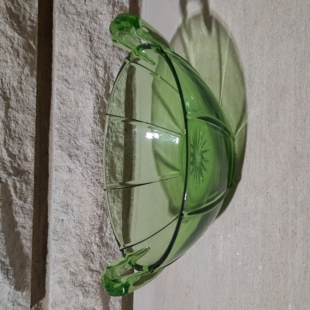 Vintage Heisey rib and panel green 2 handled jam/jelly bowl glowing uranium